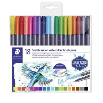 ROTULADOR FIBRA ACUARELABLES STAEDTLER 3001 DESIGN JOURNEY DOBLE PUNTA ESTUCHE DE 18 COLORES