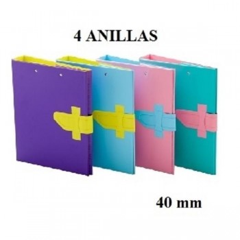 CARPETA 4 ANILLAS 40MM FOLIO CON MINICLIP TRABILLA Y PASADOR DE  CIERRE COLOR MIX 4 DISEÑOS