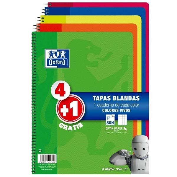 PACK 4+1 CUADERNOS TBB FOLIO 80H 4X4 - COLORES VIVOS