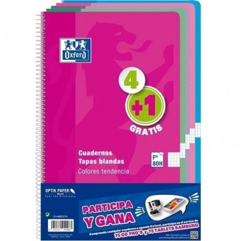 CUADERNO ESPIRAL CUADRICULA 4X4 80 HOJAS TAPA BLANDA FOLIO ( PACK 4+1 ) TENDENCIA OXFORD 400072719