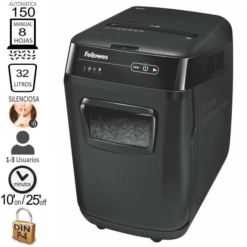 DESTRUCTORA FELLOWES AUTO-MAX 150C (130HOJAS PARTIC.) NIVEL DE SEGURIDAD 3 - PARTICULA 4X51MM  ANCHO 230MM  DEP.32L