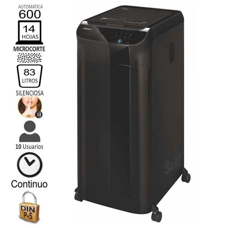 DESTRUCTORA FELLOWES AUTO-MAX 600C (600H PARTIC.) NIVEL DE SEGURIDAD 5 - PARTICULA 2X12MM  ANCHO 230MM  DEP.83L