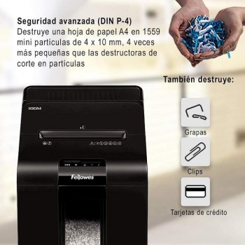 DESTRUCTORA FELLOWES AUTOMAX 100M (100HOJAS PART.) NIVEL DE SEGURIDAD 4 - PARTICULAS 4X10MM  ANCHO 230MM  DEP.23L