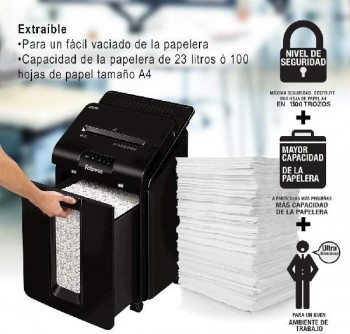 DESTRUCTORA FELLOWES AUTOMAX 100M (100HOJAS PART.) NIVEL DE SEGURIDAD 4 - PARTICULAS 4X10MM  ANCHO 230MM  DEP.23L