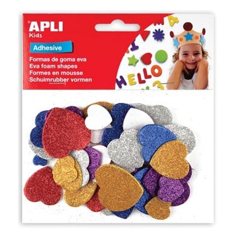 GOMA EVA FORMAS ADHESIVAS CON PURPURINA CORAZON COLOR APLI BOLSA DE 50