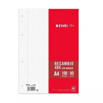 RECAMBIO ENRI PLUS DINA4 100HOJAS 90GR 4 TALADROS CUADRICULA 4X4