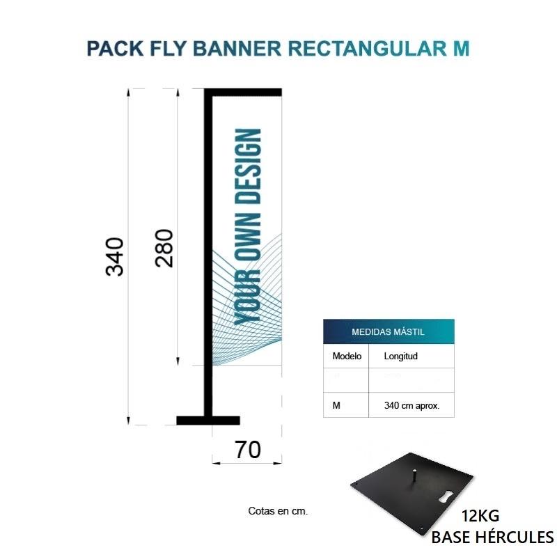 BANDERA FLY BANNER RECTANGULAR M MEDIDA 280X70CM (340CM) PACK COMPLETO CON BASE DE LOSA 12KG