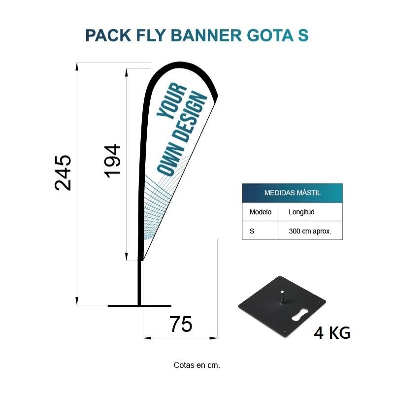 BANDERA FLY BANNER GOTA S MEDIDA 194X75CM (245CM) PACK  COMPLETO CON BASE TIPO LOSA 4KG