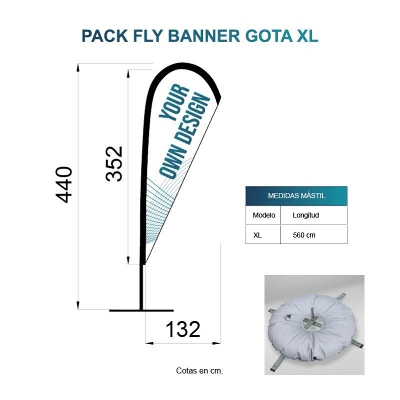 BANDERA FLY BANNER GOTA XL MEDIDA 352X132CM (440CM) PACK  COMPLETO CON BASE FLOTADOR