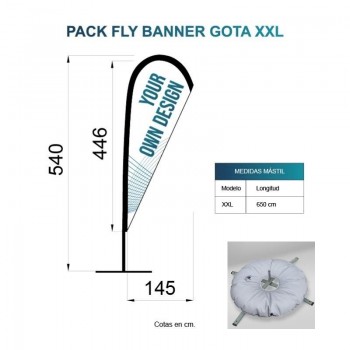 BANDERA FLY BANNER GOTA XXL MEDIDA 446X145CM (540CM) PACK  COMPLETO CON BASE FLOTADOR