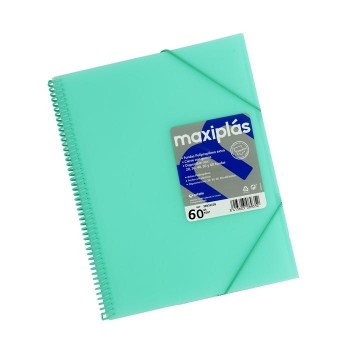 CARPETA DE 60 FUNDAS DINA4 ESPIRAL MAXIPLAS CON SOBRE VERDE AGUA TRANSLUCIDO GRAFOPLAS