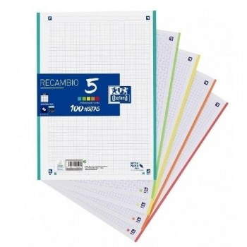 RECAMBIO DINA4 CUADRICULA 5X5 4 TALADROS 5 BANDAS COLOR 200 + 50 HOJAS 90GR OXFORD 400150903