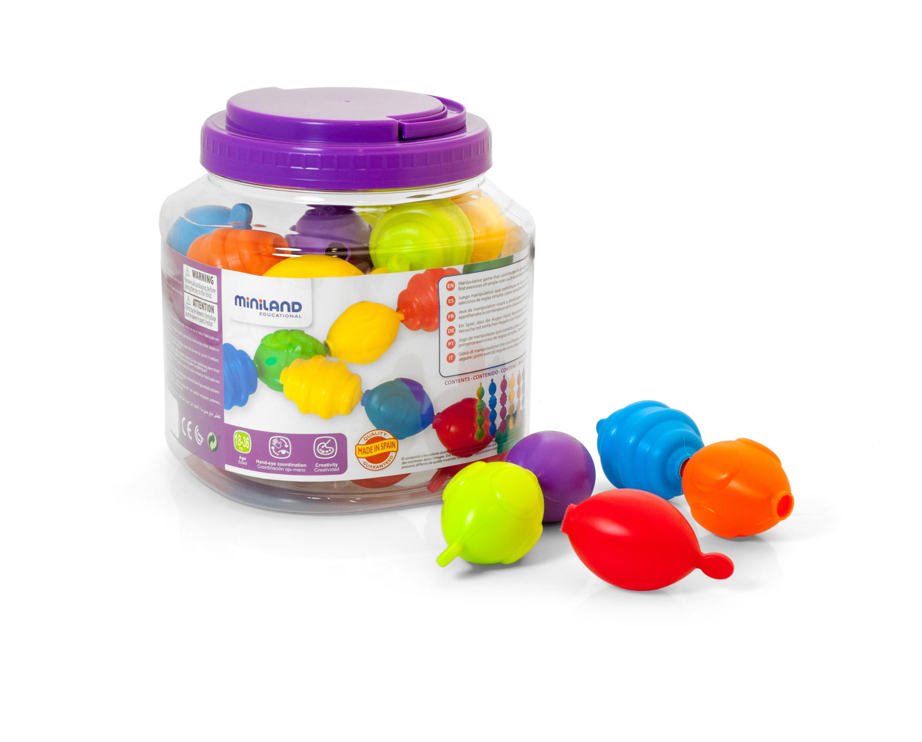 JUEGO CUENTAS CON TEXTURA  MAXICHAIN 24 CUENTAS TEXTURAS Y COLORES MINILAND DIDACTICO 27361
